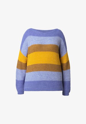 Pletený svetr s širokými vodorovnými pruhy v levandulové, světle modré, hořčicově žluté a hnědé barvě, s klasickým kulatým výstřihem a dlouhými rukávy.