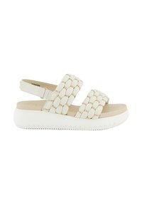 Sandali bianchi con ampie cinghie intrecciate, fodera interna beige e una robusta suola bianca con fondo testurizzato per una migliore aderenza.