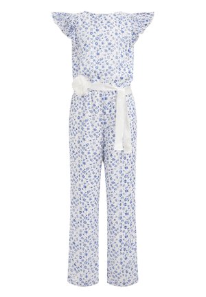 Combinaison blanche avec imprimé floral bleu, manches à volants, corsage plissé et ceinture blanche avec un grand détail floral.