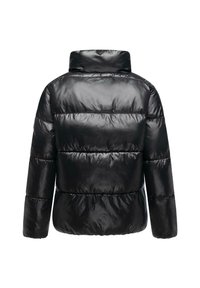Black padded jacket with a high collar, featuring a glossy finish, horizontal quilting, and long sleeves. No visible fastenings or details.