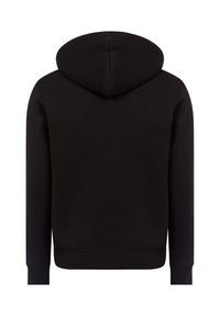 Felpa con cappuccio nera, realizzata in tessuto liscio, presenta maniche lunghe, cappuccio regolabile con lacci e polsini e orlo a coste. Design pulito e minimalista.