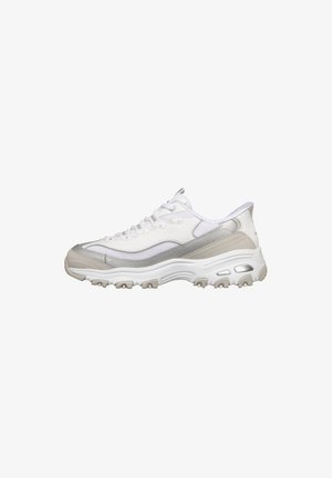 White and gray athletic sneaker with chunky sole, lace-up front, and textured grip designed for sports or casual wear.