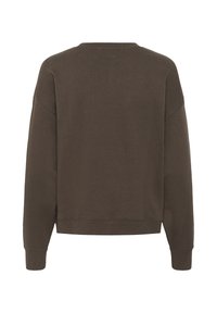 Sweat-shirt marron à manches longues et col rond vu de dos, avec poignets et taille en maille côtelée, design sobre, sans logo ni motif visible.