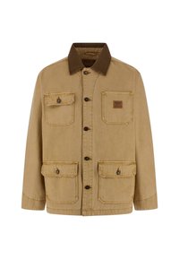 Bruine button-up jas met vier voorzakken, twee met kleppen en knopen, en een contrasterende donkerbruine kraag.