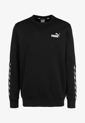 Sweat-shirt Puma noir avec logo Puma blanc sur la poitrine et texte Puma répétitif sur des bandes le long des deux manches.