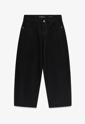 Pantalon noir oversize avec bouton et fermeture éclair à l'avant, passants de ceinture, design cinq poches et jambes larges et droites.
