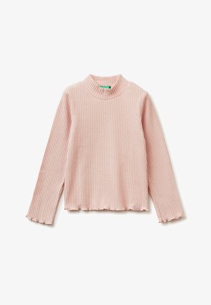 Lichtroze geribde trui met een hoge kraag en lange mouwen, voorzien van een gegolfde zoom en zachte, gestructureerde stof.