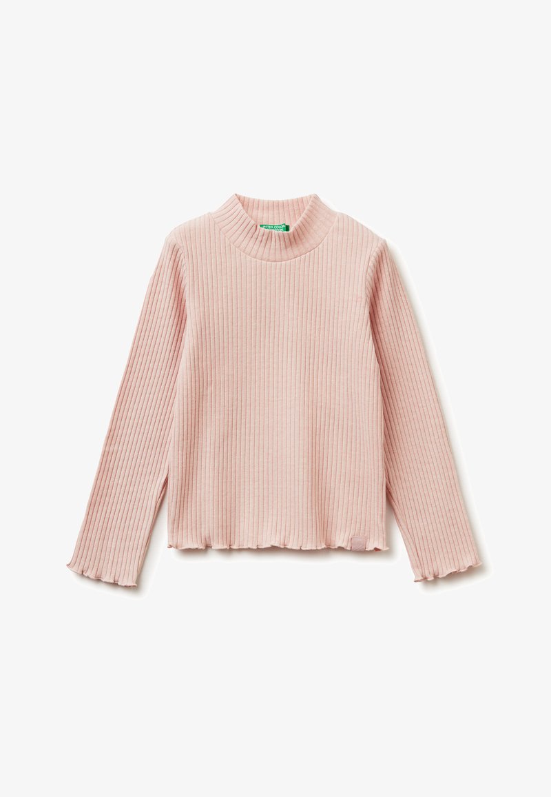 Maglione a coste rosa chiaro con colletto alto e maniche lunghe, caratterizzato da un orlo scallop e tessuto morbido e texture.