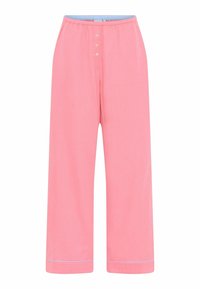 Pantaloni a gamba larga rosa chiaro realizzati in un tessuto morbido, con vita regolabile tramite cordoncino e patta con cinque bottoni, rifiniti con cuciture in blu ai orli.