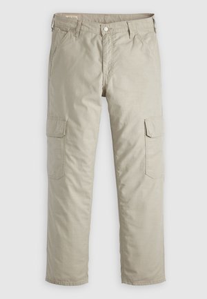 Béžové cargo kalhoty vyrobené z bavlněné tkaniny. Mají boční kapsy, zapínání na knoflík a rovný střih s viditelným prošitím.