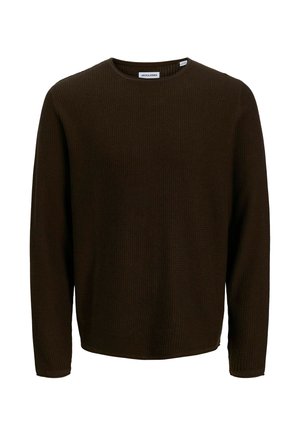 Ciemnobrązowy sweter robiony na drutach z okrągłym dekoltem, długimi rękawami i teksturowanym wzorem. Brak widocznych logo lub dodatkowych akcentów.