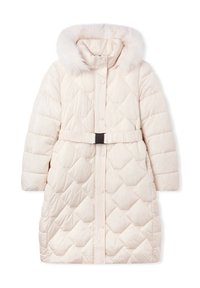 Cappotto bianco imbottito con cappuccio, rifinito con pelliccia sintetica, motivo a rombi, bottoni frontali e una cintura in vita.