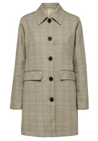 Beige og sort ternet frakke med store sorte knapper, spidse krave, lange ærmer og to forlommer med klap.