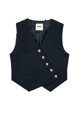 Marineblaues Nadelstreifenweste mit asymmetrischer Vorderseite, dekorativen goldenen Knöpfen und einer einzelnen Paspeltasche, entworfen für formelle Geschäftskleidung.
