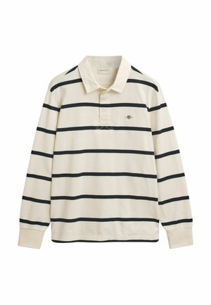 Langarm-Polohemd in Cremeton mit marineblauen horizontalen Streifen. Es verfügt über einen klassischen Kragen und ein kleines Logo auf der Brust. Aus Baumwollmaterial.