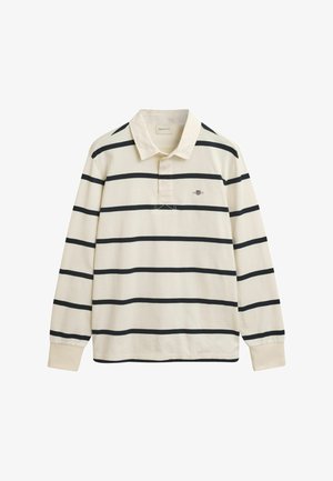 Long-sleeve polo shirt in cream with navy horizontal stripes. Features a classic collar and a small logo on the chest. Cotton material.
