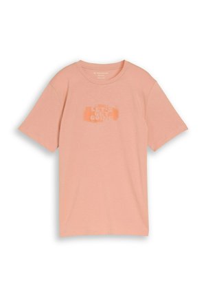 Peach-colored short-sleeve t-shirt with round neck and centered text "LET'S GET GOING" in a slightly darker shade.