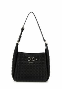 Sac à main noir matelassé avec une forme courbée, présentant un accent en métal argenté et un logo. Bandoulière ajustable pour plus de polyvalence.