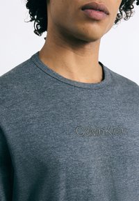Pelēka kruīza kakla T-kreklu ar mīkstu tekstūru un noapaļotu kakla vietu, ar diskrētu izšūtu "Calvin Klein" logo uz krūtīm.