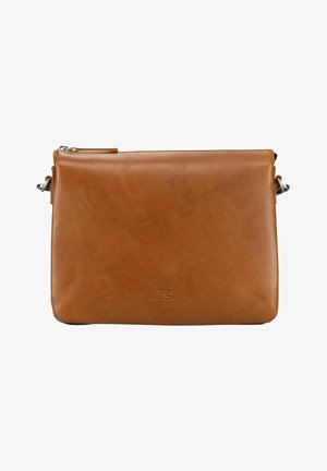 Pochette rectangulaire en cuir beige avec fermeture éclair et crochets de sangle amovibles, embossée du nom discret de la marque "Jost" sur le devant.