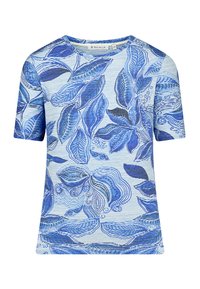 Blue short-sleeve t-shirt featuring a leafy pattern with varying shades of blue, set against a light blue striped background.