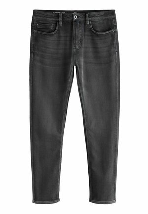 Svart denim jeans med en slim fit, femfickorsdesign, subtil blekning och kontrasterande sömmar. Har dragkedja och knappstängning.
