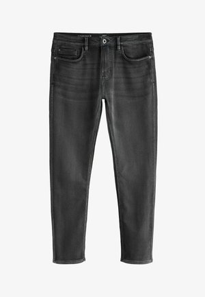 Schwarze Denim-Jeans mit schmaler Passform, Fünf-Taschen-Design, dezentem Farbverlauf und kontrastierenden Nähten. Mit Reißverschluss und Knopfverschluss ausgestattet.