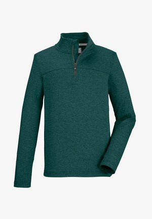 Dunkelblau-grüner Halbzip-Pullover aus weichem Stoff, mit Stehkragen, langen Ärmeln und einer horizontalen Naht über der Brust.