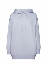 Světle fialová oversized mikina vyrobená z měkké tkaniny, s kapucí na šňůrku, žebrovanými manžetami a jemným logem na rukávu.