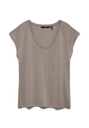Taupe short-sleeve women's top with a V-neckline and relaxed fit, laid flat on a white background.