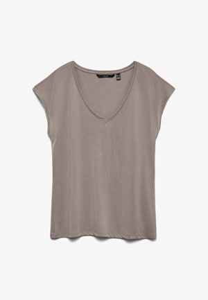 Taupe short-sleeve women's top with a V-neckline and relaxed fit, laid flat on a white background.