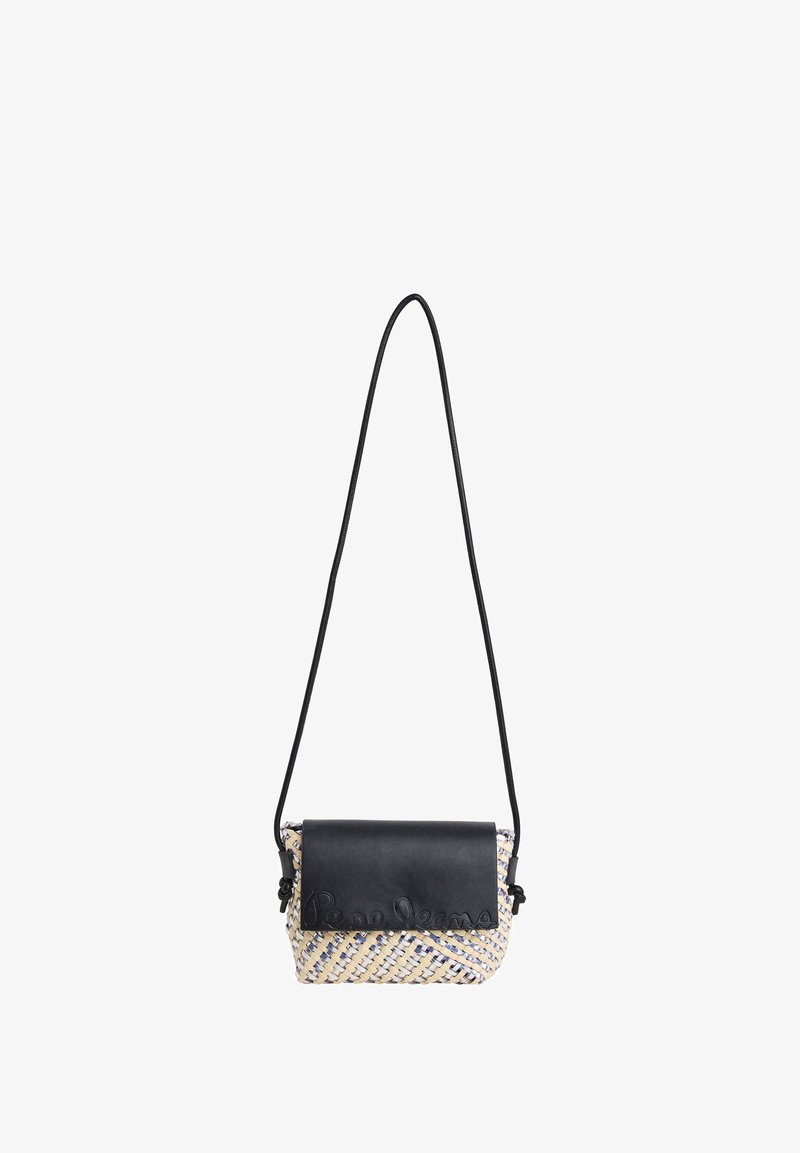Borsa a tracolla intrecciata con una patta e una tracolla in pelle nera, caratterizzata da un motivo geometricoo crema e blu sul corpo.