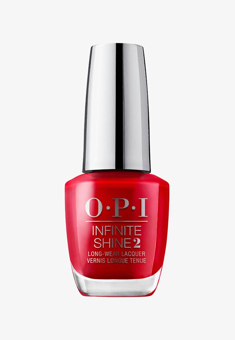 Smalto rosso in una bottiglia di vetro trasparente con un elegante tappo argentato. Il testo sull'etichetta recita "OPI Infinite Shine 2 Long-Wear Lacquer."