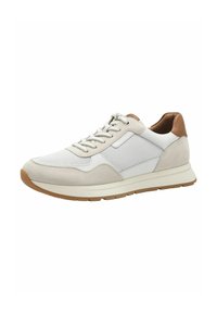 Sneaker leggera con tomaia in mesh bianco, accenti in suede beige e tallone in pelle tan. Include lacci grigi e suola in gomma.