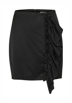 Svart kjol med volang i satängdetalj på sidan, figursydd design och dragkedjestängning bak. Slät textur och knälång.