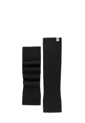Two black knitted fabric wrist warmers, one flat and one scrunched, on a white background; one has a small white brand tag.