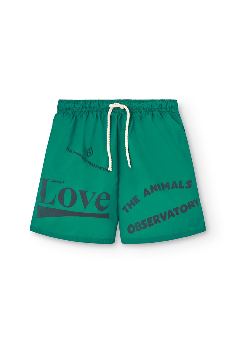 Gröna simshorts med dragsko i midjan. Har svart text: "Always Love" och "THE ANIMALS OBSERVATORY" i olika stilar.