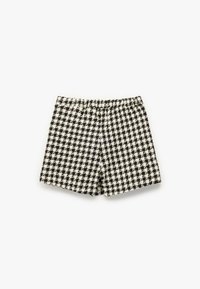 Spodenki w czarno-białą kratę houndstooth z elastycznym pasem, wykonane z teksturowanej tkaniny, z luźnym fasonem i prostym krojem.