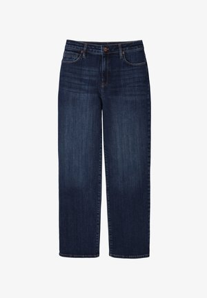 Dark blue wide-leg jeans made of denim, featuring a mid-rise waist, front pockets, and contrast stitching. Classic five-pocket design.