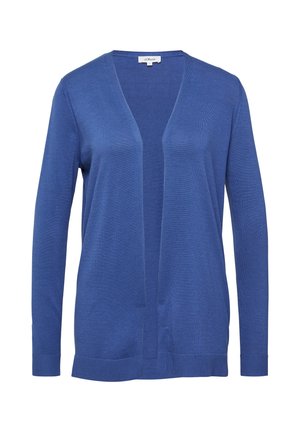 Blauwe open front cardigan van zachte stof. Heeft lange mouwen, een relaxte pasvorm, geribde manchetten en zoom met een gladde textuur.