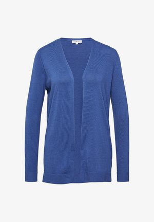 Blauer Cardigan mit offenem Frontbereich aus weichem Material. Verfügt über lange Ärmel, eine lockere Passform, gerippte Bündchen und einen Saum mit glatter Textur.