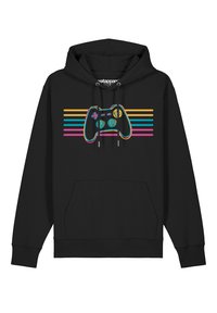 Zwarte hoodie met een kleurrafieke afbeelding van een gamingcontroller, met groene, gele, blauwe en roze lijnen over de voorkant en een zak aan de voorkant.