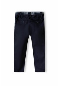 Pantaloni blu navy con una cintura elastica a righe, dotati di due tasche posteriori e un design slim fit. Tessuto liscio senza motivi visibili.