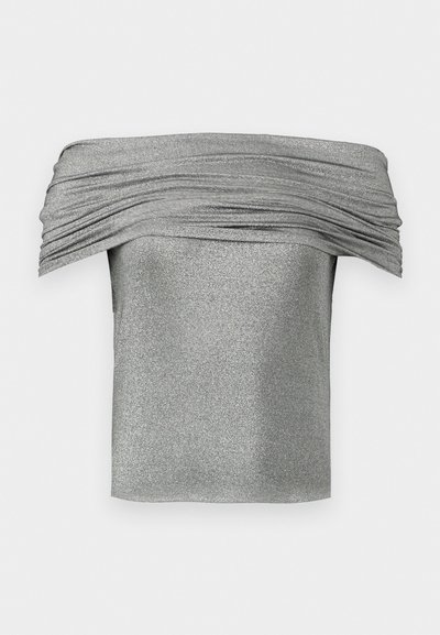 Silver off-the-shoulder top with gathered texture, made from a sparkly fabric. Short, fitted design with a smooth finish.
