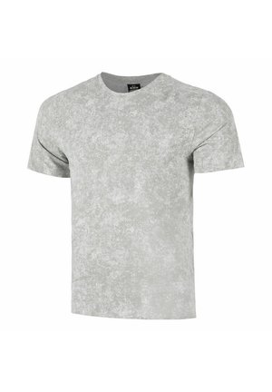 Grau meliertes T-Shirt mit kurzen Ärmeln und strukturiertem, marmoriertem Muster. Mit rundem Halsausschnitt und kleinen Perforationen an einer Schulter. Weicher Stoff.