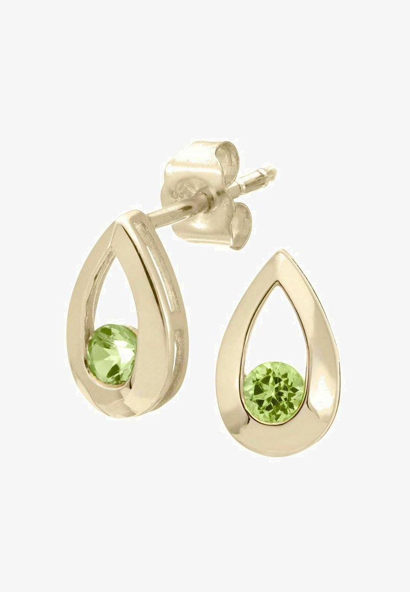 Aukso lašelinės auskarai su žaliu akmeniu prie pamato. Lygus paviršius su poliruotu apdaila ir subtiliu išpjovimo dizainu.