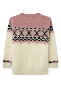 Maglione a maniche lunghe in morbido tessuto, con parte superiore rosa, parte inferiore crema e strisce nere a motivo diamante geometrico attraversano il petto e i polsini.