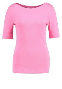 Rosa kortärmad topp med rundad halsringning, tillverkad av mjukt tyg. Passformen är tajt med en slät yta och inga synliga mönster eller detaljer.