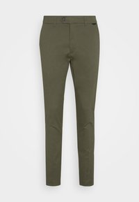 Olivgröna byxor i bomullsblandning, skräddarsydd passform, rak ben, med knappstängning och minimalistisk design utan synliga mönster.