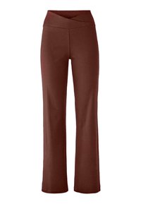 Bruine wijdeteen broek met een elastische tailleband, voorzien van een kruisontwerp op de taille, gemaakt van een gladde, rekbare stof.